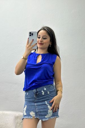 Yaka Büzgülü Bluz Saks - 80008.1095.