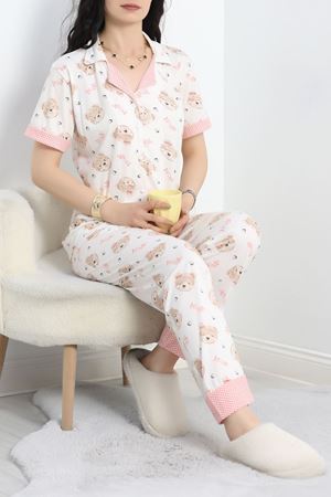 Düğmeli Poliviskon Pijama Takımı Ekrupembe - 40926.1961.