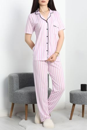 Viskon Düğmeli Pijama Takımı Lilaçizgili - 50682.1048.