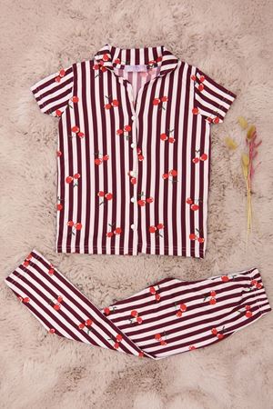 5-12 Yaş Milan Düğmeli Pijama Takımı Bordoçizgili - 50713.1048.