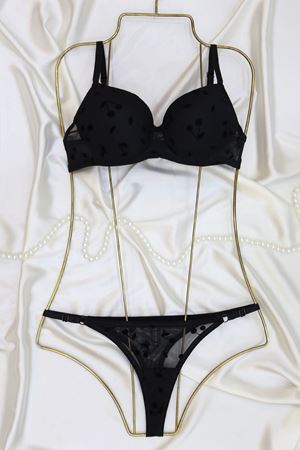 Sütyen Takım Kiraz Flok Baskılı Dolgulu Siyah - 2543.1783.