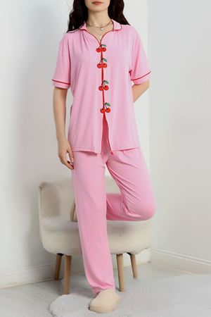 Kiraz Nakışlı Biyeli Viskon Pijama Takımı Pembe - 40562.1857.