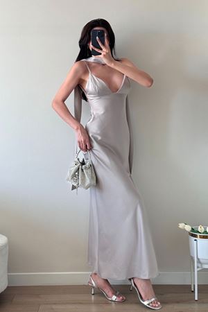 Loch Zre Saten Şal Detaylı Elbise Vizon - 2656.1997.