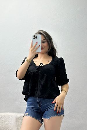 V Yaka Bürümcük Kumaş Bluz Siyah - 70669.1567.
