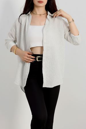 Çizgili Oversize Gömlek Ekrusiyah - 51139.147.