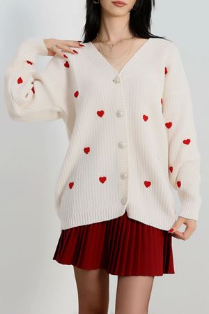 Nakışlı Kalpli Hırka Lattekırmızı - 444.1577.