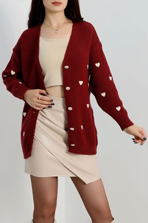 Nakışlı Kalpli Hırka Bordolatte - 444.1577.