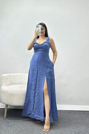 Kalp Yakalı Önden Yırtmaçlı Elbise İndigo - 80044.0444.