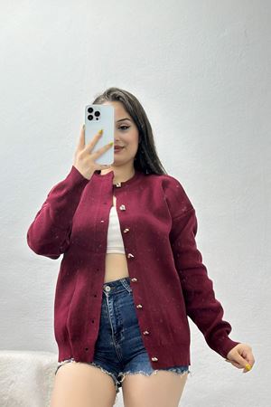 Kalp Düğmeli Triko Hırka Bordo - 3180.1577.
