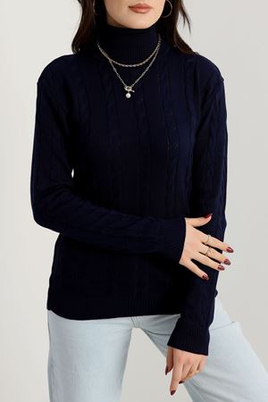 Örgü Desenli Balıkçı Yaka Triko Lacivert - 4015.2043.