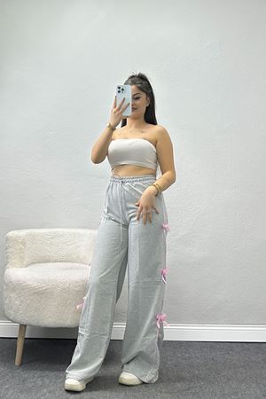 Özel Tasarım Biyeli Kurdeleli İki İplik Eşofman Altı Gri - 70192.1857.