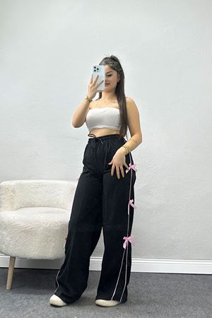 Özel Tasarım Biyeli Kurdeleli İki İplik Eşofman Altı Siyah - 70192.1857.