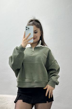Gömlek Yaka 3 İplik Fermuarlı Sweat Haki - 21963.200.