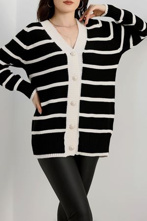 Düğmeli Çizgili Hırka Siyahlatte - 4035.1577.