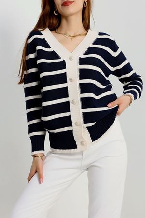 Düğmeli Çizgili Hırka Lacivertlatte - 4035.1577.