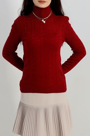 Örgü Desenli Balıkçı Yaka Triko Bordo - 4015.2043.