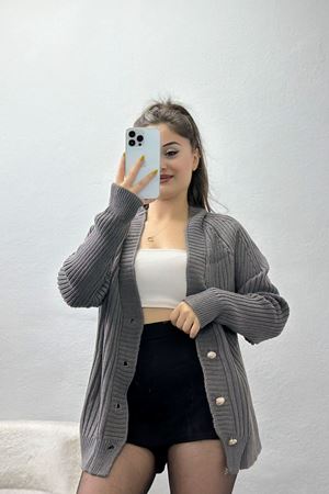 Düğmeli Triko Hırka Füme - 4039.1577.