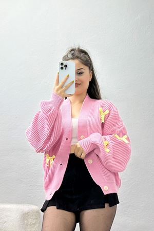 Fiyonklu Düğmeli Hırka Pembe - 4075.2043.