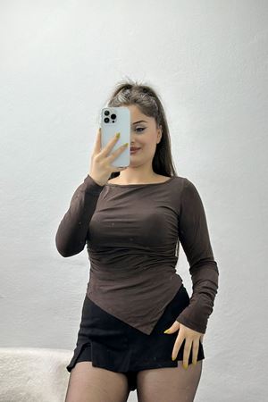 Önü Asimetrik Viskon Likralı Body Kahve - 22017.200.