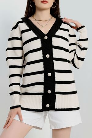 Düğmeli Çizgili Hırka Lattesiyah - 4035.1577.