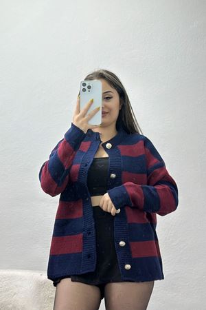 Düğmeli Bisiklet Yaka Hırka Lacivertbordo - 415.1577.