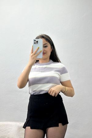 Çizgili Kısa Kollu Triko Gri - 2304.1765.