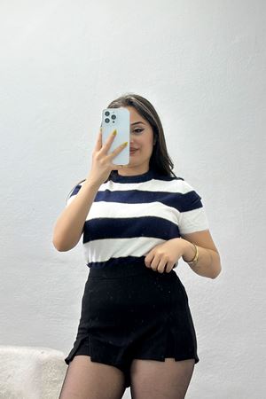 Çizgili Kısa Kollu Triko Lacivert - 2304.1765.