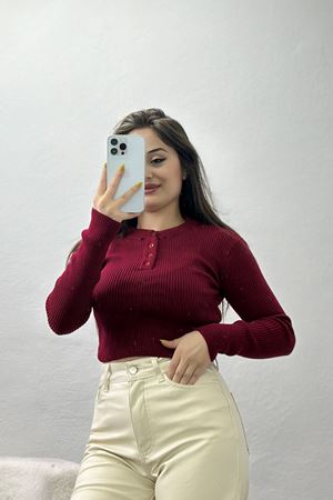 Düğmeli Triko Bordo - 4032.2043.