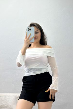 Madonna Yaka Kolu Tüllü Bluz Beyaz - 70717.1892.