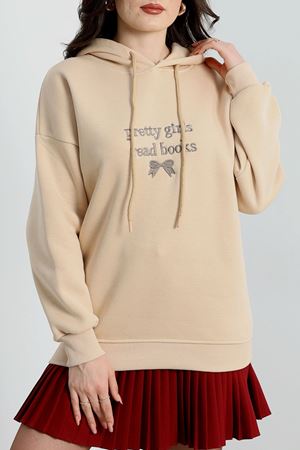 3 İplik Kapşonlu Nakışlı Sweat Bejkahve - 42228.1878.