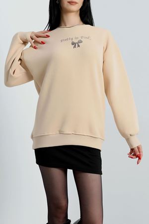 3 İplik Bisiklet Yaka Sweat Bejkahve - 42242.1878.