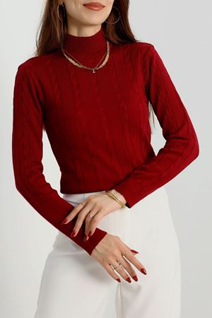 Örgü Desenli Yarım Balıkçı Triko Bordo - 4018.2043.