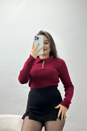 Düğmeli Polo Yaka Triko Bordo - 4048.2043.