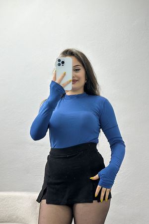 Dik Yaka Parmak Geçmeli Viskon Body İndigo - 40076.599.