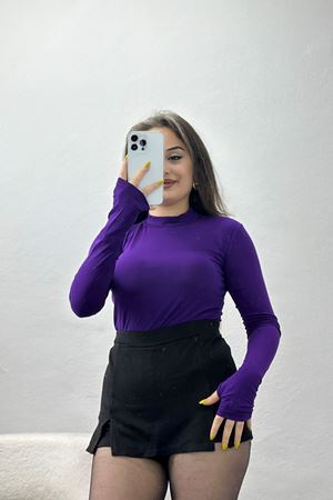 Dik Yaka Parmak Geçmeli Viskon Body Mor - 40076.599.