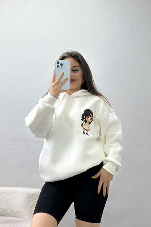 3 İplik Kapşonlu Baskılı Sweat Ekru - 42222.1878.