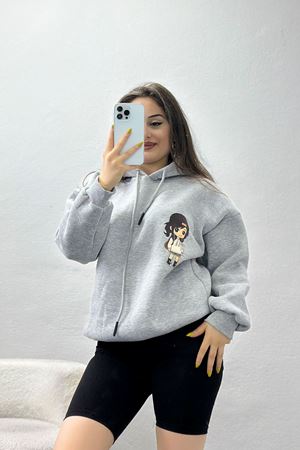 3 İplik Kapşonlu Baskılı Sweat Gri - 42222.1878.