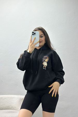 3 İplik Kapşonlu Baskılı Sweat Siyah - 42222.1878.