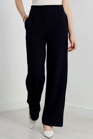 Yan Fermuarlı Pileli En Boy Likra Palazzo Pantolon Lacivert - 2132.1865.