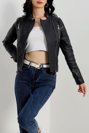 Kolları Fermuar Detaylı Deri Ceket Lacivert - 1020.146.