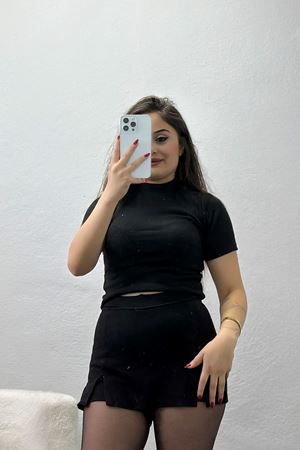 Dik Yaka Kısa Kol Yumoş Body Siyah - 50213.1723.