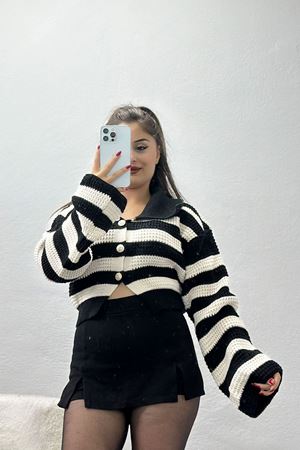 Polo Yaka Çizgili Hırka Siyahlatte - 1530.1577.