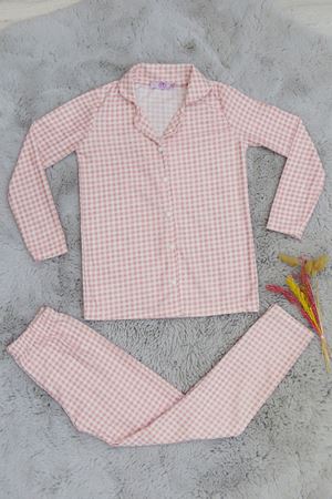 5-12 Yaş Süet Düğmeli Pijama Takımı Pembekareli - 50760.1048.