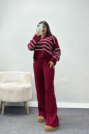 Çizgili Triko Takım Bordo - 2295.1765.