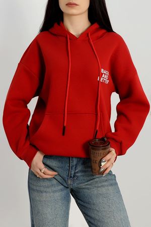 3 İplik Kanguru Cepli Kapşonlu Sweat Bordobeyaz - 42257.1878.