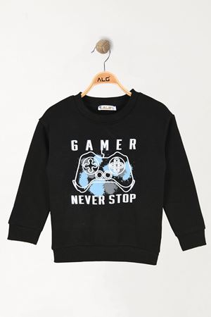 6-9 Yaş Gamer Baskılı 3 İp Şardonlu Sweatshirt Siyah - 2264219.1576.