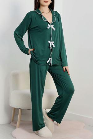 Önü Kurdele Detaylı Ring Viskon Pijama Takımı Yeşil - 117.1287.
