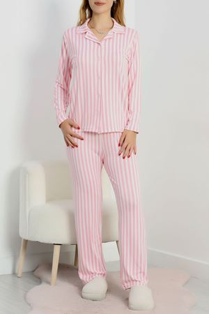 Soft Milan Düğmeli Pijama Takımı Pembeçizgili - 7511.1287.
