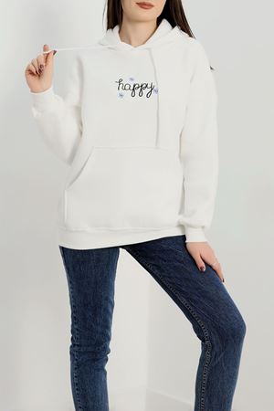 3 İplik Kanguru Cepli Kapşonlu Sweat Beyaz - 42250.1878.