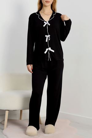 Önü Kurdele Detaylı Ring Viskon Pijama Takımı Siyah - 117.1287.